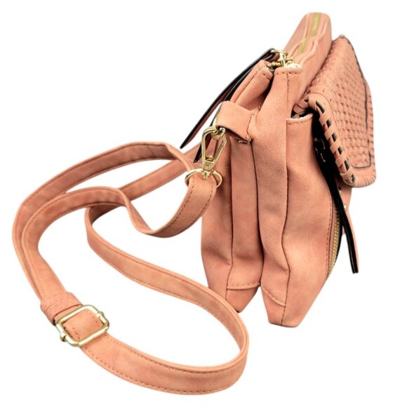 Versatile Blush Brown Braided Crossbody Purse Multi-Pocket Design Striped Lining - Picture 6 of 12